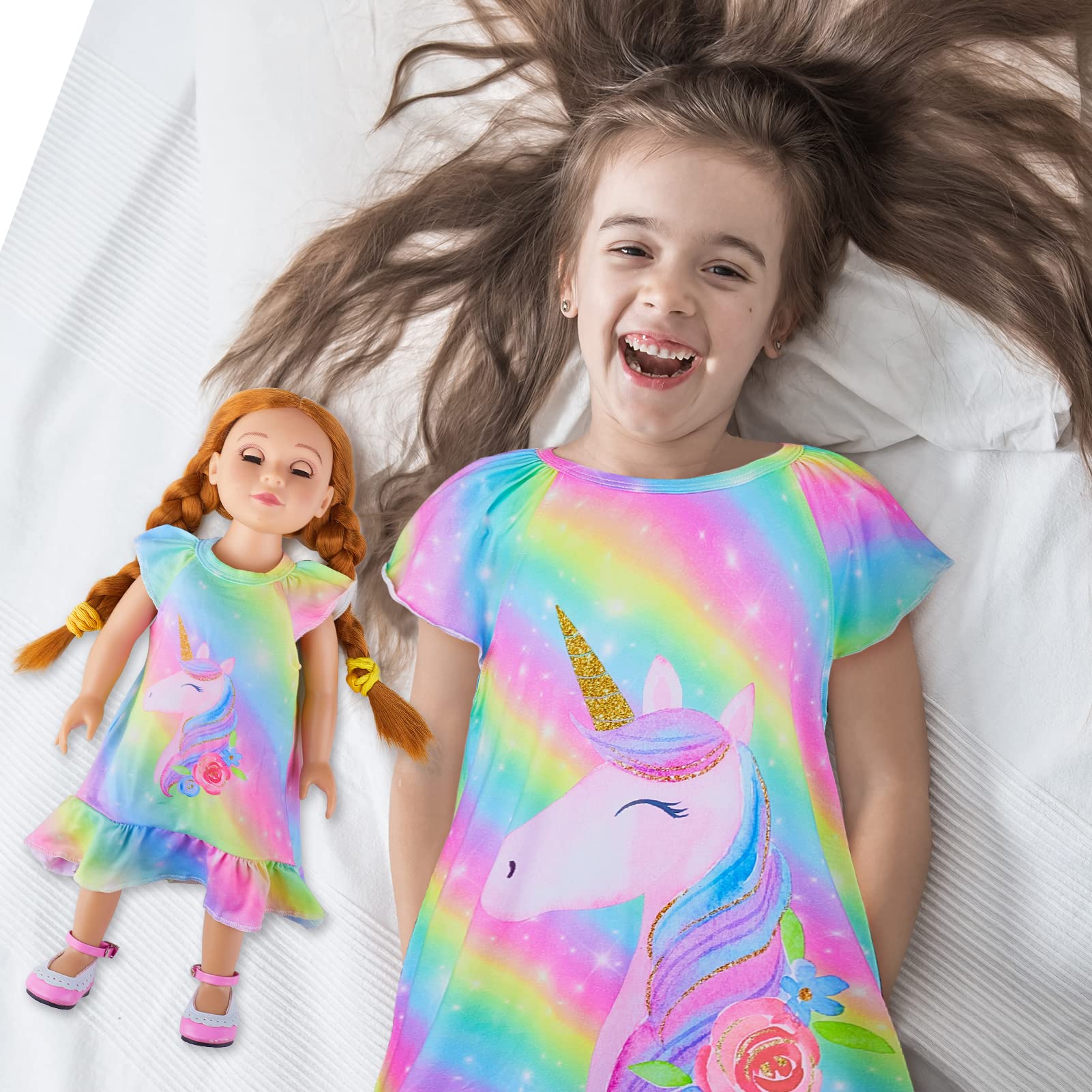 ICOSY Matching Girls & Doll Nightgowns Clothes Unicorn Pajamas Sleepwear Outfit for Girls and American 18" Girl Doll Rainbow