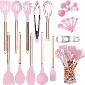 Arquiel Pink Kitchen Utensil Set with Holder, 22 Pcs Silicone Cooking Utensils Set for Nonstick Cookware, Heat Resistance Spatula Set, Stainless Steel Kitchen Gadgets Utensils Set, Gifts for Mom