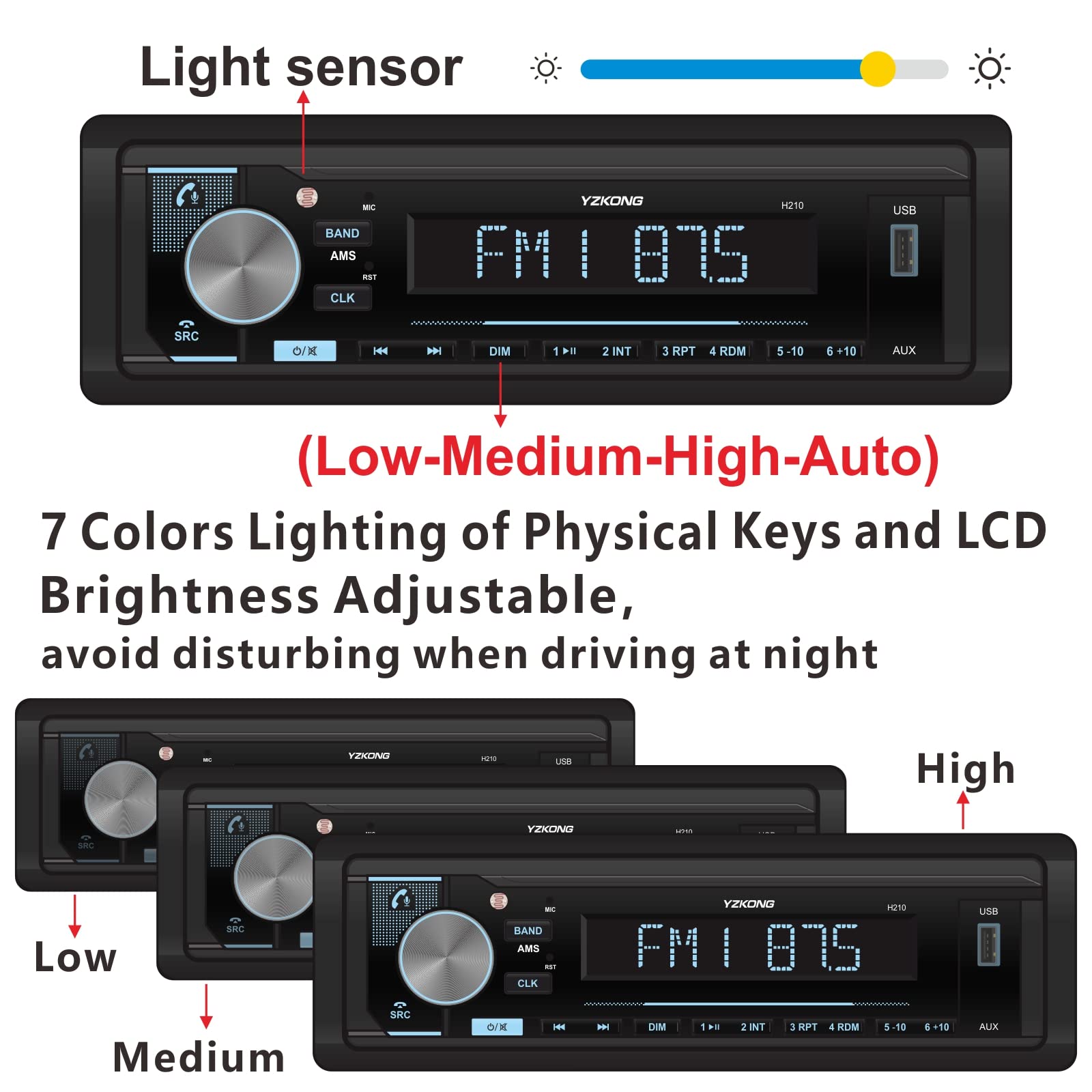 Single Din Car Radio Receiver Automatic Brightness Bluetooth Car Stereo with LCD Display AM/FM Radio MP3 Player USB SD AUX Port Built-in Microphone, Hands-Free Calling, APP Control