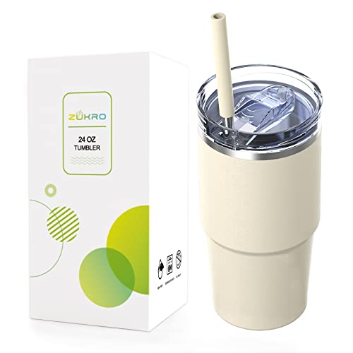 Zukro 24 oz Coffee Tumbler, Leak Proof Stainless Steel Travel Mug with Screw on Sliding lid and Straw, No Sweat Insulated Cup For Hot and Cold Drinks, Dishwasher Safe - Cream