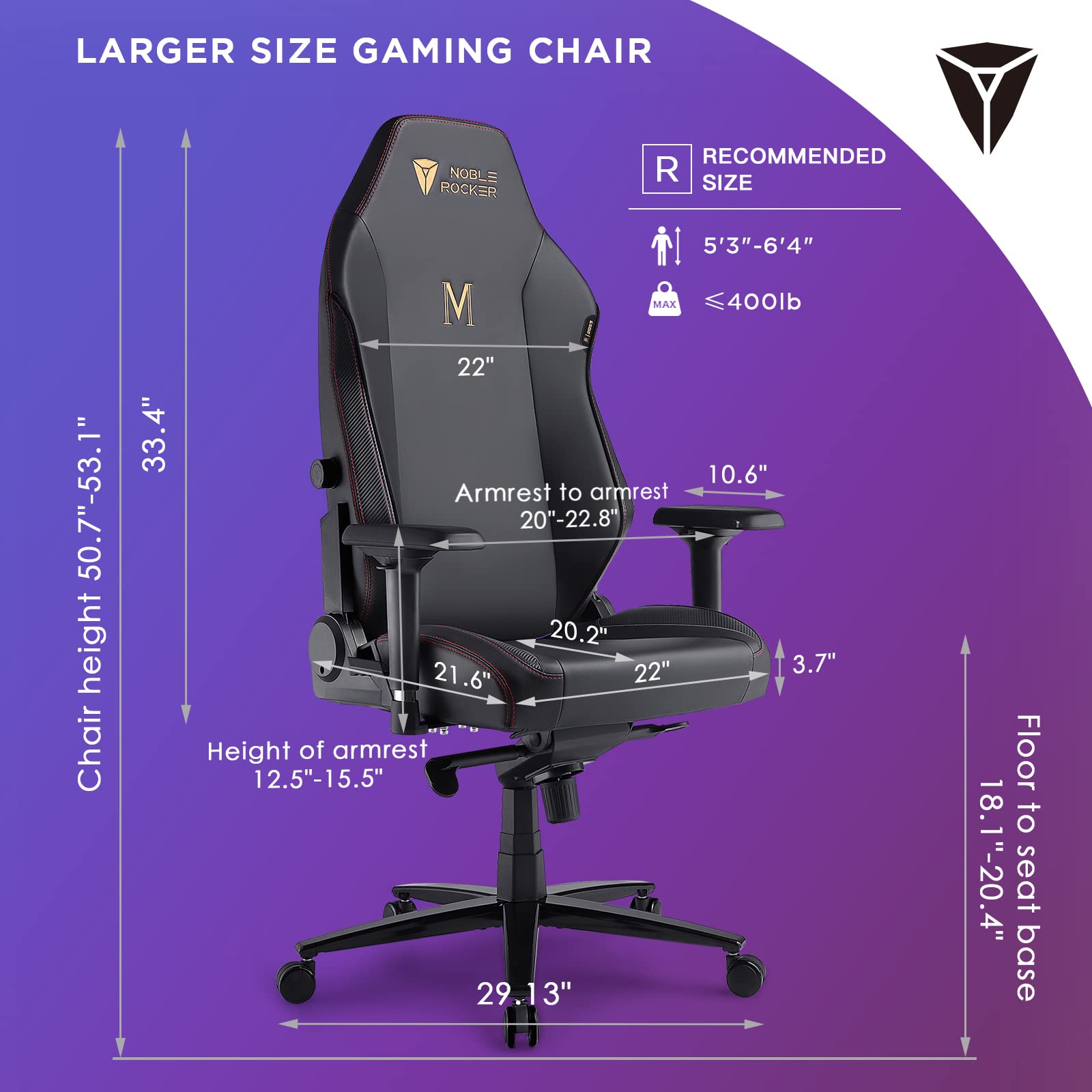 Noblerocker Gaming Chair Ergonomic PC Game Chair- Lumbar Support Headrest 4D Armrests Computer Chair, Big and Tall Comfortable Large, Rolling, Ergonomic, Cushion Availability, Metal, Black