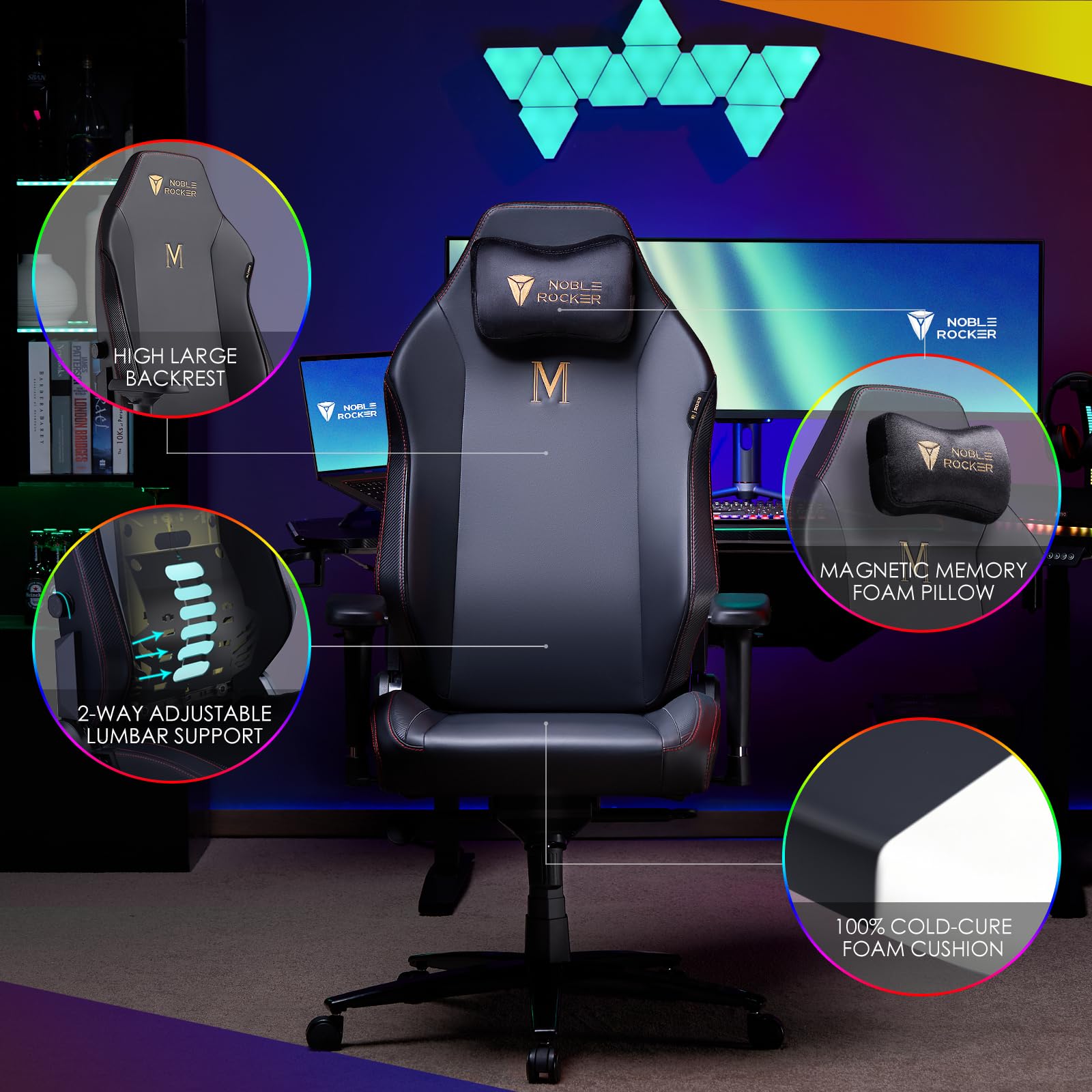 Noblerocker Gaming Chair Ergonomic PC Game Chair- Lumbar Support Headrest 4D Armrests Computer Chair, Big and Tall Comfortable Large, Rolling, Ergonomic, Cushion Availability, Metal, Black