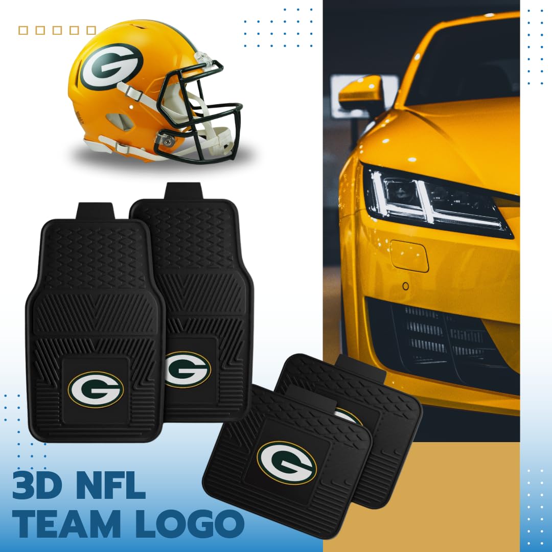 Fanmats Green Bay Packers Set of 4 Car Mats for Cars, SUV, Pickups - All Weather Technology Protection, Deep Reservoir Design, Universal Fit - 3D NFL Team logo - 29”x17” Front - 14”x17” Rear Mat