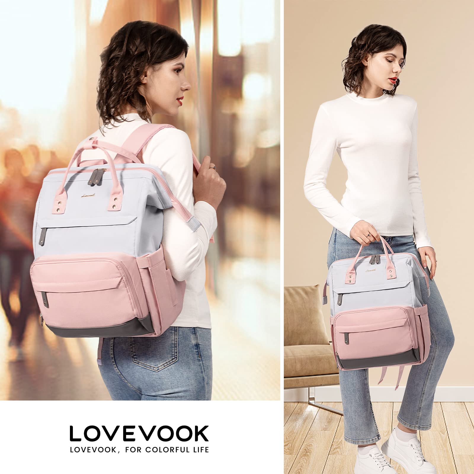 LOVEVOOK Laptop Backpack for Women, 17 Inch Work Business Backpacks Purse with USB Port, Large Capacity Teacher Doctor Nurse Bag College Backbag, Waterproof Casual Daypack for Travel,Grey-Pink