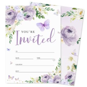 AnyDesign 20 Set Butterfly Purple Floral Invitations with Envelopes Stickers 5 x 7 Inch Spring Watercolor Invitation Paper Cards Blank Invites for Girls Baby Shower Wedding Birthday Dinner Party