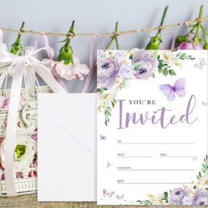 AnyDesign 20 Set Butterfly Purple Floral Invitations with Envelopes Stickers 5 x 7 Inch Spring Watercolor Invitation Paper Cards Blank Invites for Girls Baby Shower Wedding Birthday Dinner Party