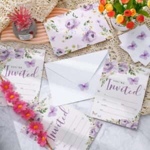 AnyDesign 20 Set Butterfly Purple Floral Invitations with Envelopes Stickers 5 x 7 Inch Spring Watercolor Invitation Paper Cards Blank Invites for Girls Baby Shower Wedding Birthday Dinner Party