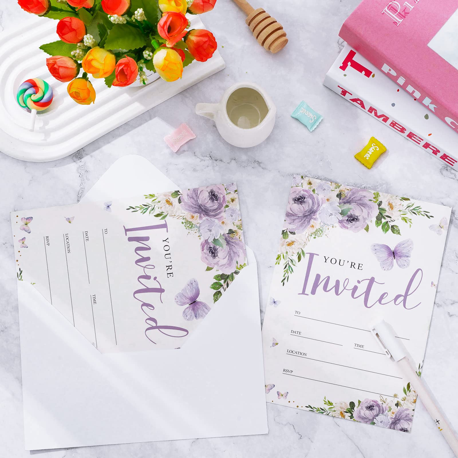 AnyDesign 20 Set Butterfly Purple Floral Invitations with Envelopes Stickers 5 x 7 Inch Spring Watercolor Invitation Paper Cards Blank Invites for Girls Baby Shower Wedding Birthday Dinner Party