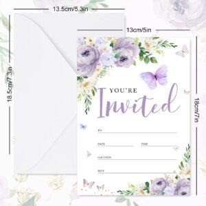 AnyDesign 20 Set Butterfly Purple Floral Invitations with Envelopes Stickers 5 x 7 Inch Spring Watercolor Invitation Paper Cards Blank Invites for Girls Baby Shower Wedding Birthday Dinner Party