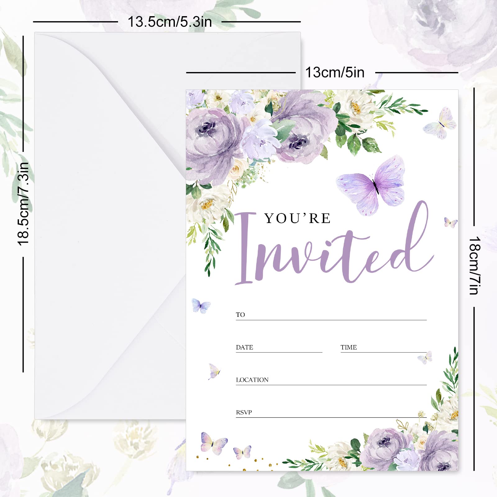 AnyDesign 20 Set Butterfly Purple Floral Invitations with Envelopes Stickers 5 x 7 Inch Spring Watercolor Invitation Paper Cards Blank Invites for Girls Baby Shower Wedding Birthday Dinner Party