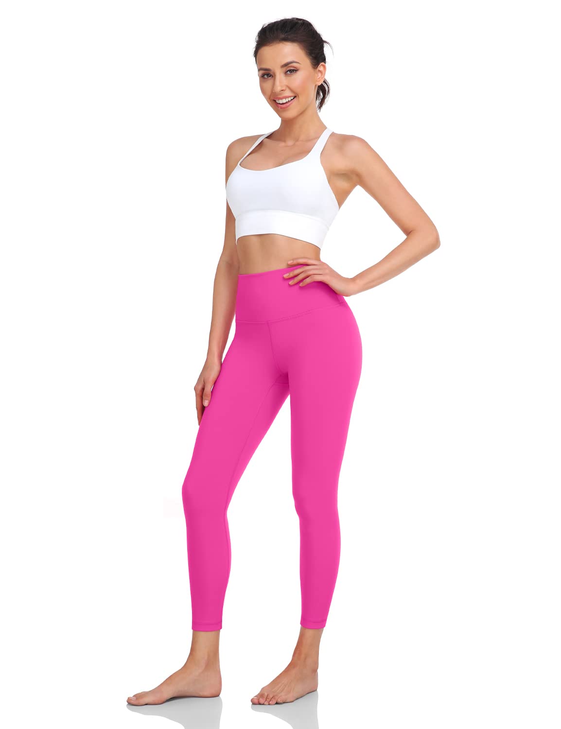 HeyNuts Pure&Plain 7/8 High Waisted Leggings for Women, Athletic Compression Tummy Control Workout Yoga Pants 25'' Sonic Pink M(8/10)