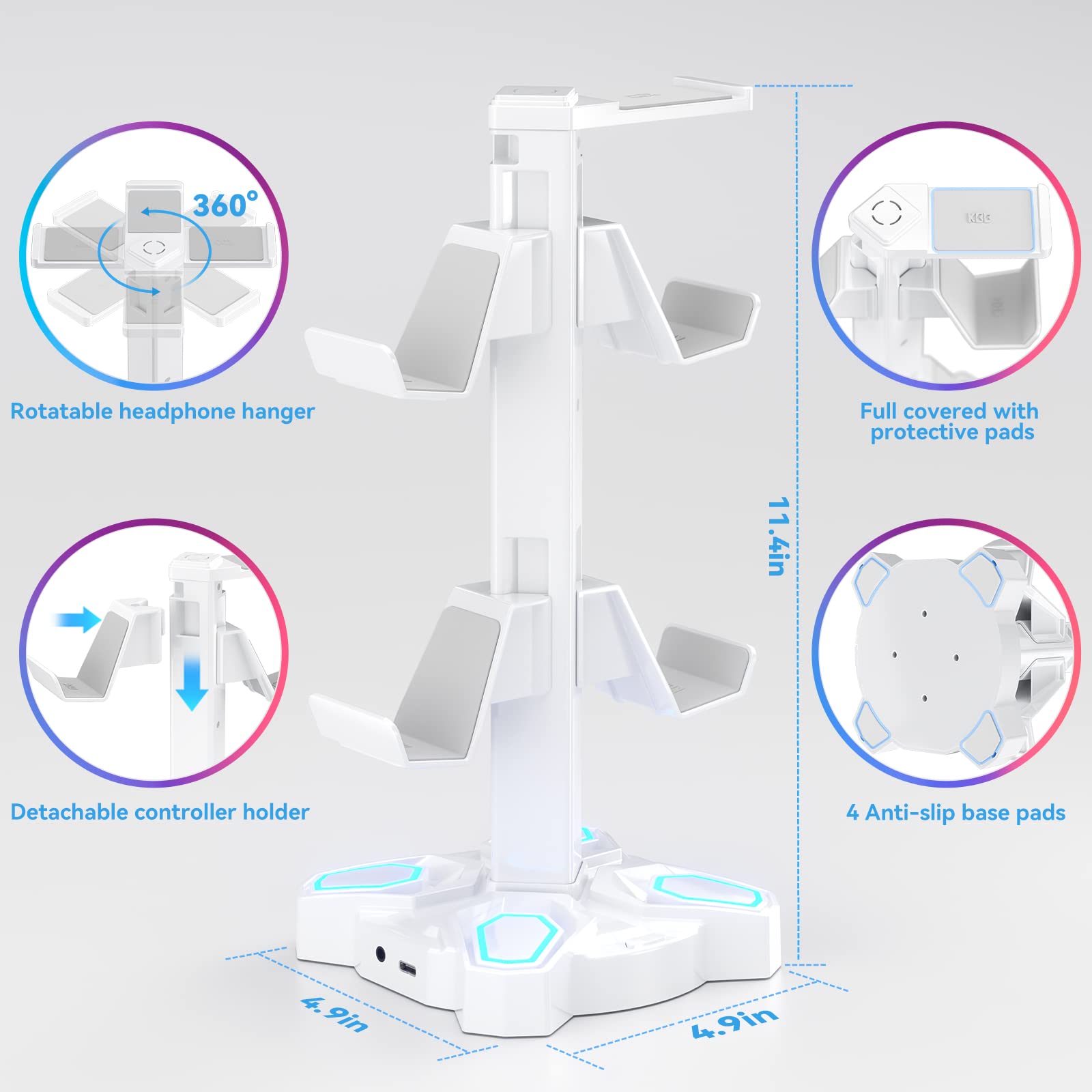 KDD Gaming RGB Headphones Stand, Rotatable Headset Stand with 9 Light Modes - Controller Holder with 2 USB Charging Ports and 3.5mm - Earphone Hanger Accessories for Desktop Gamer(White)