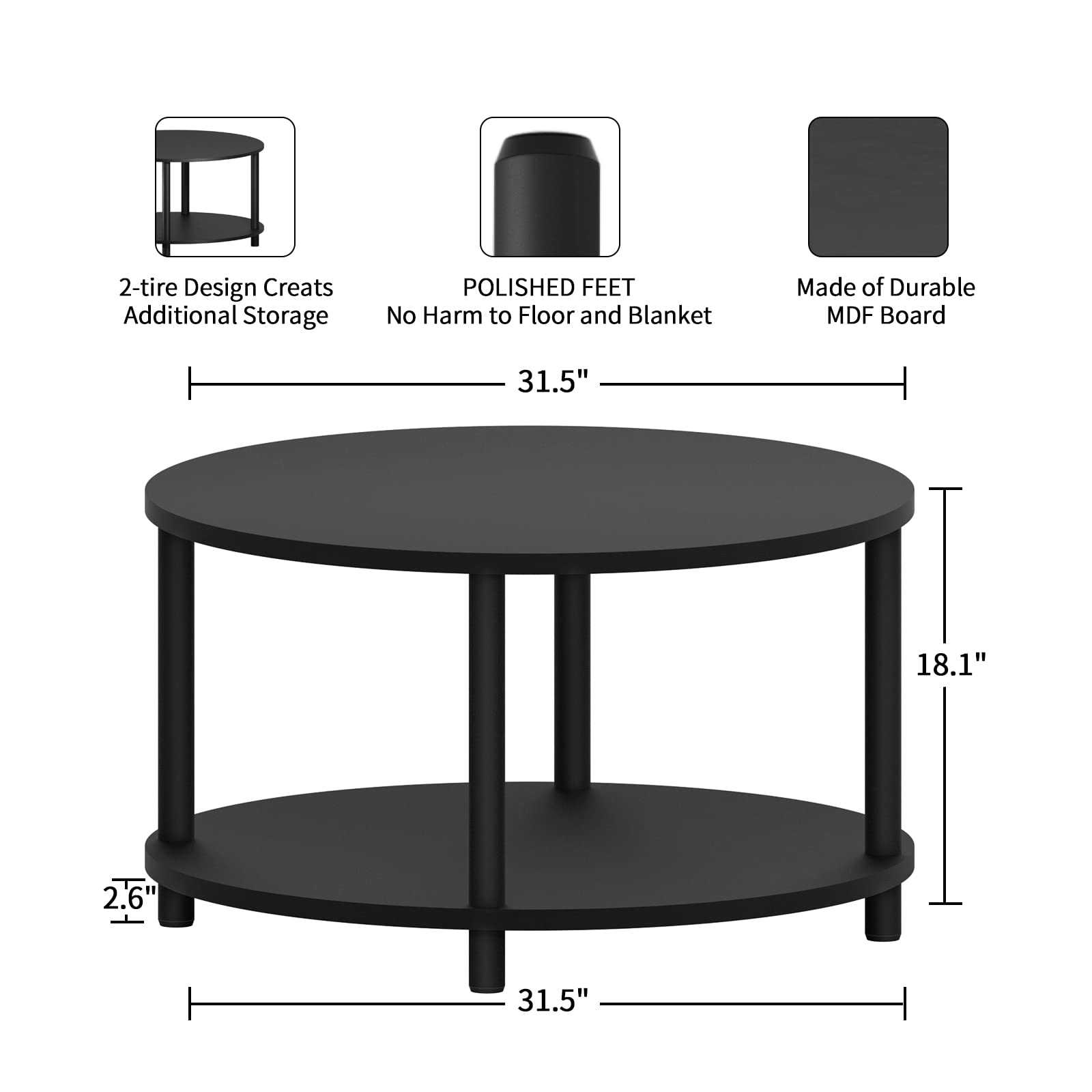 Unihouse Round Coffee Table for Living Room, 31.5’’ 2 Tier Black Wooden Coffee Table with Open Storage Shelf for Office/Reception Room,Sturdy Metal Legs, Easy to Assemble