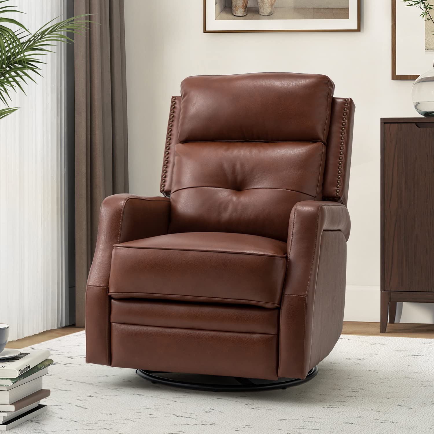 HULALA HOME Genuine Leather Swivel Rocker Recliner with Adjustable Backrest & Footrest, Manual Glider Reclining Chair for Living Room Bedroom, Home Theater Sofa Chair with 360° Swivel Base, Brown