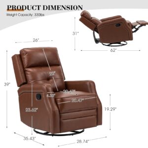 HULALA HOME Genuine Leather Swivel Rocker Recliner with Adjustable Backrest & Footrest, Manual Glider Reclining Chair for Living Room Bedroom, Home Theater Sofa Chair with 360° Swivel Base, Brown