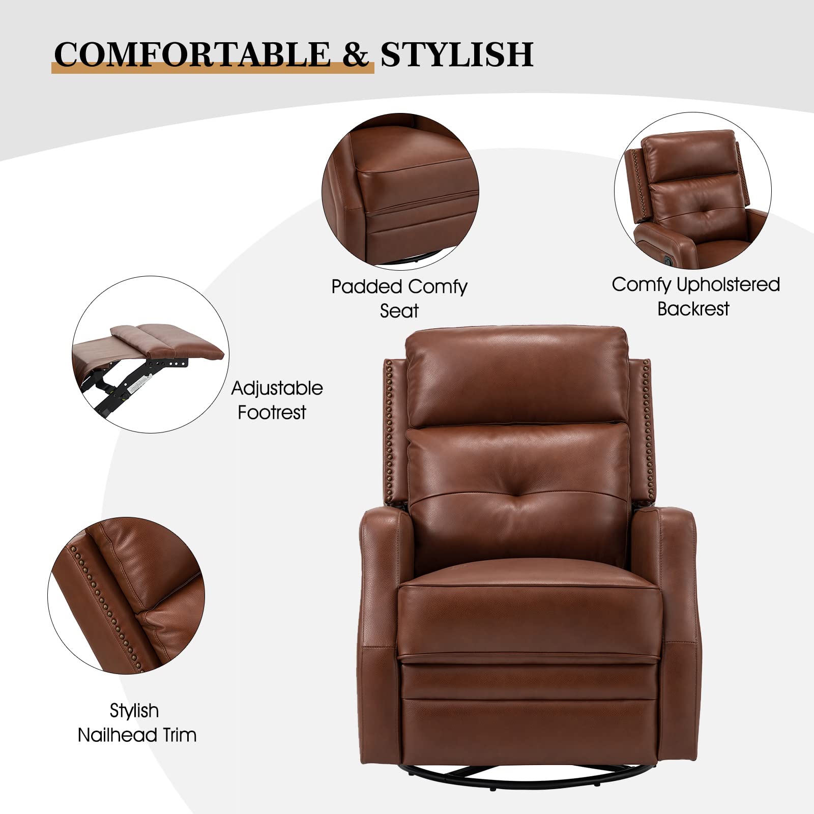 HULALA HOME Genuine Leather Swivel Rocker Recliner with Adjustable Backrest & Footrest, Manual Glider Reclining Chair for Living Room Bedroom, Home Theater Sofa Chair with 360° Swivel Base, Brown