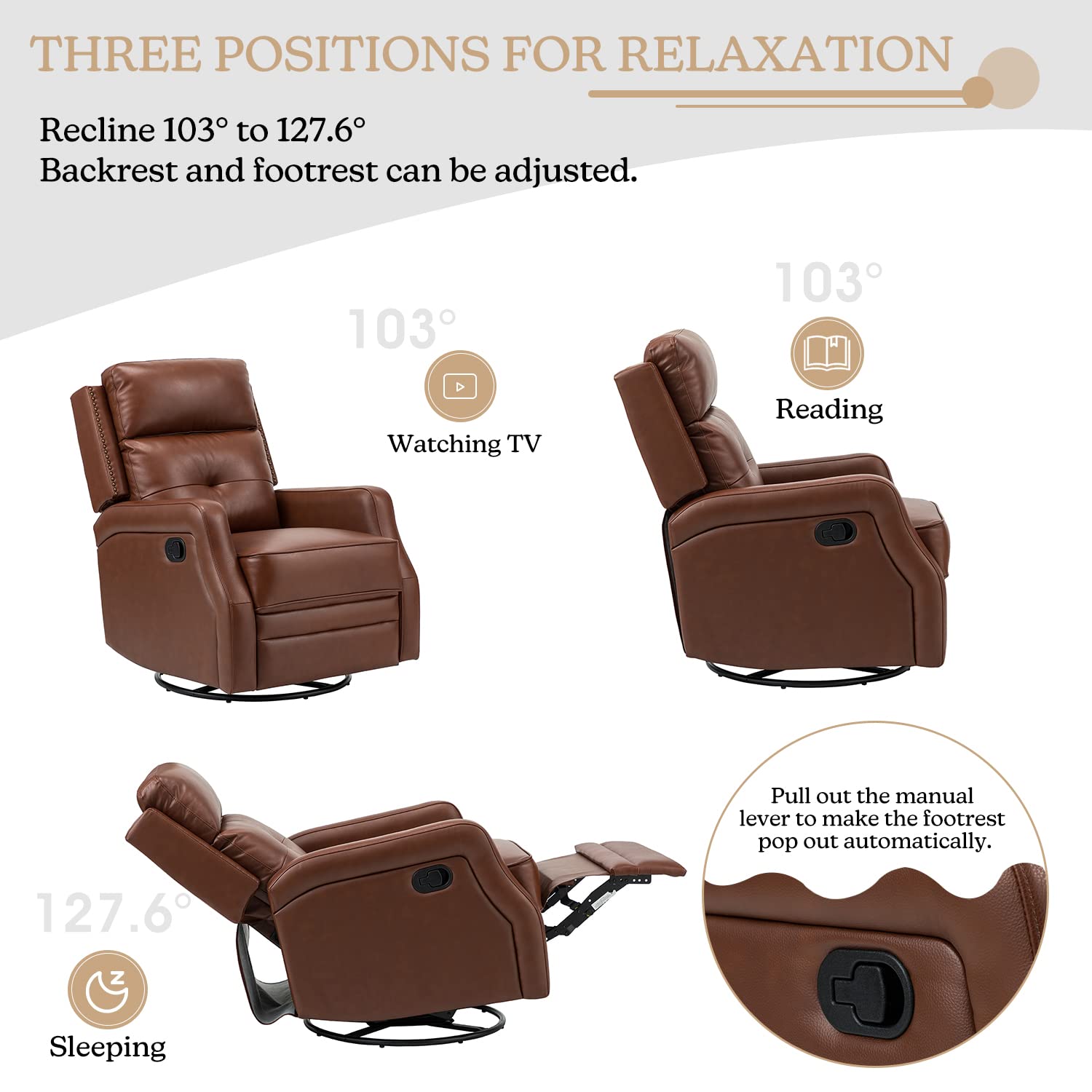 HULALA HOME Genuine Leather Swivel Rocker Recliner with Adjustable Backrest & Footrest, Manual Glider Reclining Chair for Living Room Bedroom, Home Theater Sofa Chair with 360° Swivel Base, Brown