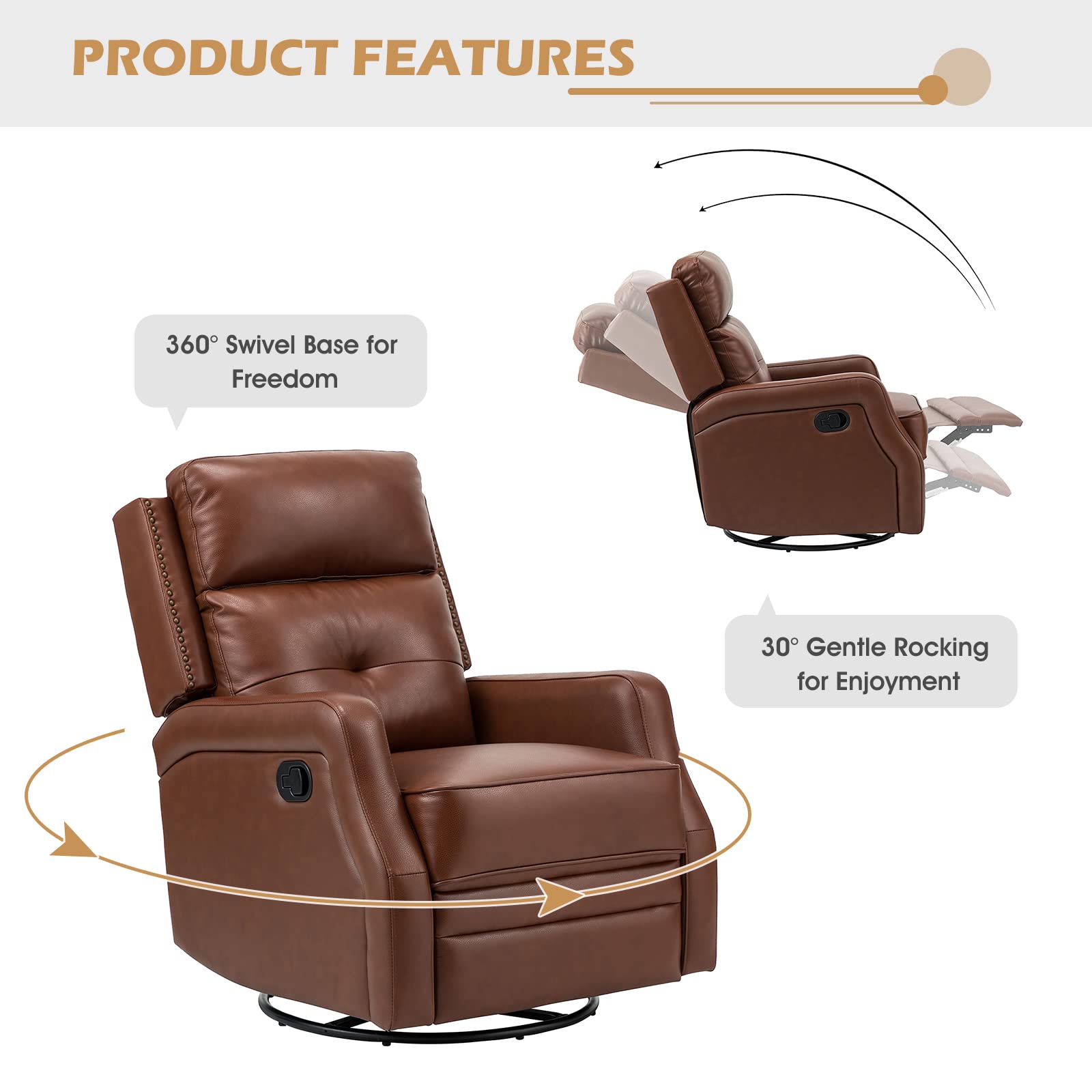 HULALA HOME Genuine Leather Swivel Rocker Recliner with Adjustable Backrest & Footrest, Manual Glider Reclining Chair for Living Room Bedroom, Home Theater Sofa Chair with 360° Swivel Base, Brown