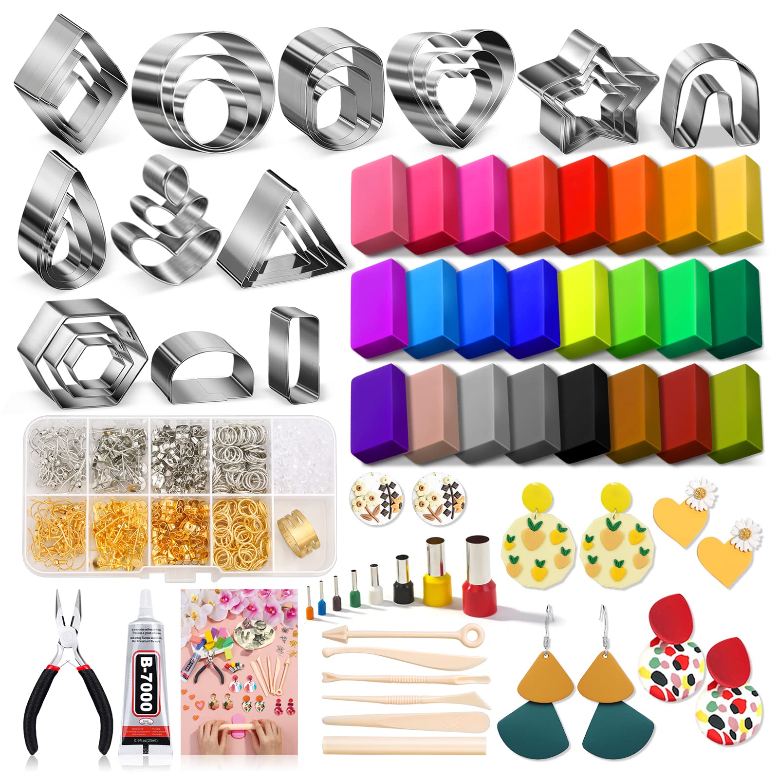 Polymer Clay Earring Making Kit- 30 Clay Earring Cutters, 24 Color Polymer Clay, 8 Circle Cutters, Rollers, B7000 Glue, 640 PCS Earring Making Tools Accessories for Jewelry DIY (Instructions Include)