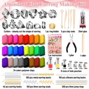 Polymer Clay Earring Making Kit- 30 Clay Earring Cutters, 24 Color Polymer Clay, 8 Circle Cutters, Rollers, B7000 Glue, 640 PCS Earring Making Tools Accessories for Jewelry DIY (Instructions Include)