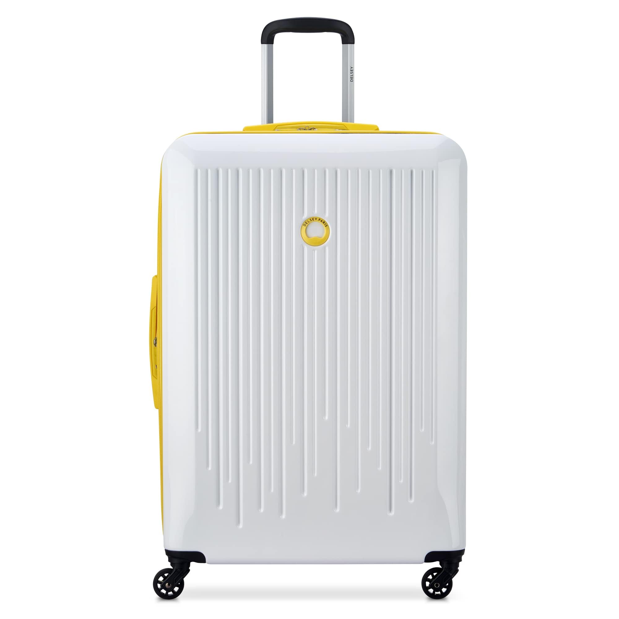 DELSEY Paris Christine Hardside Expandable Luggage with Spinner Wheels, White with Yellow Trim, Checked-Large 28 Inch