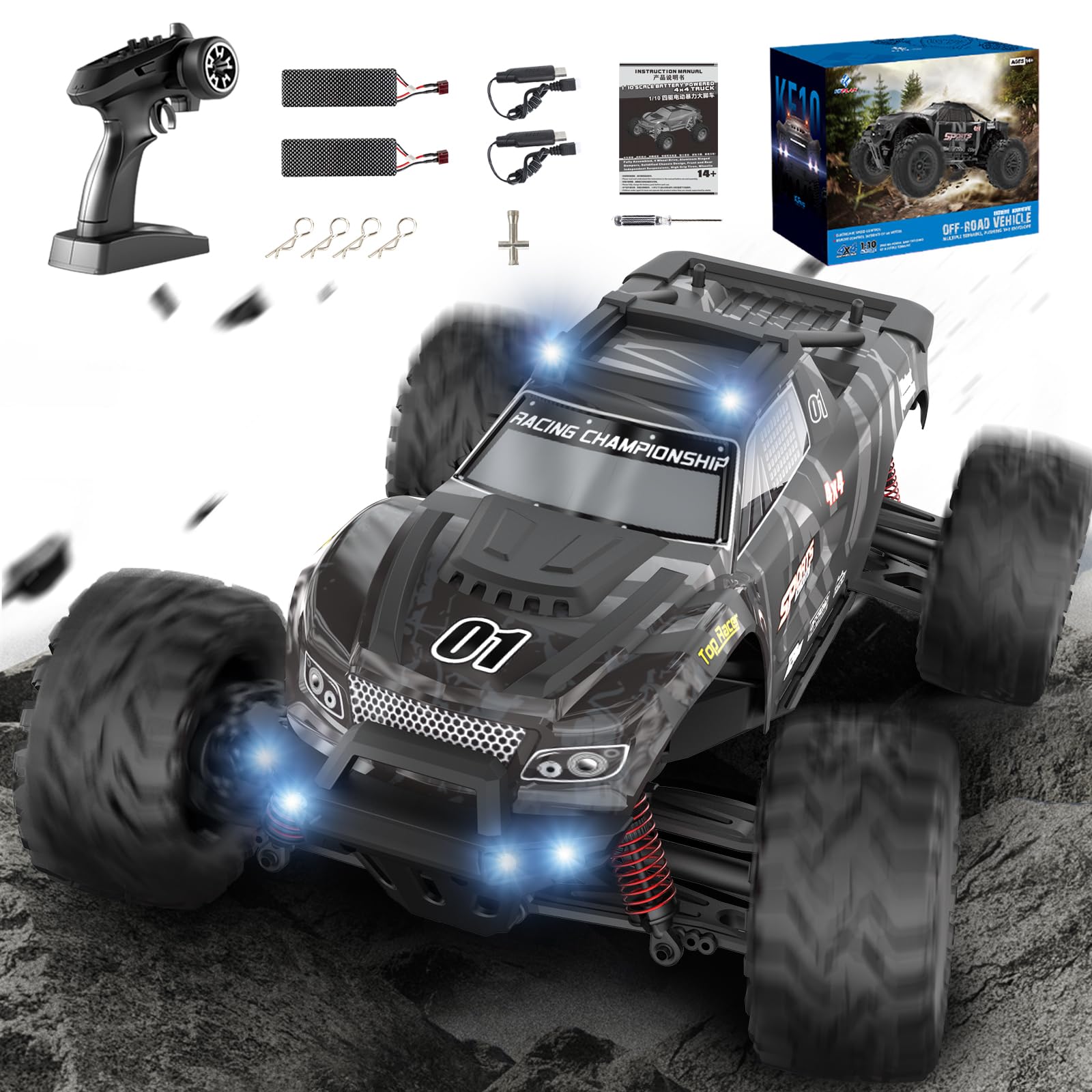 FUUY RC Cars for Adults 1:10 Large Remote Control Car 45KPH High-Speed RC Truck with 2 Batteries All Terrain Waterproof Off Road Fast RC Car with 550 Power Motor Toys Gift for Youth