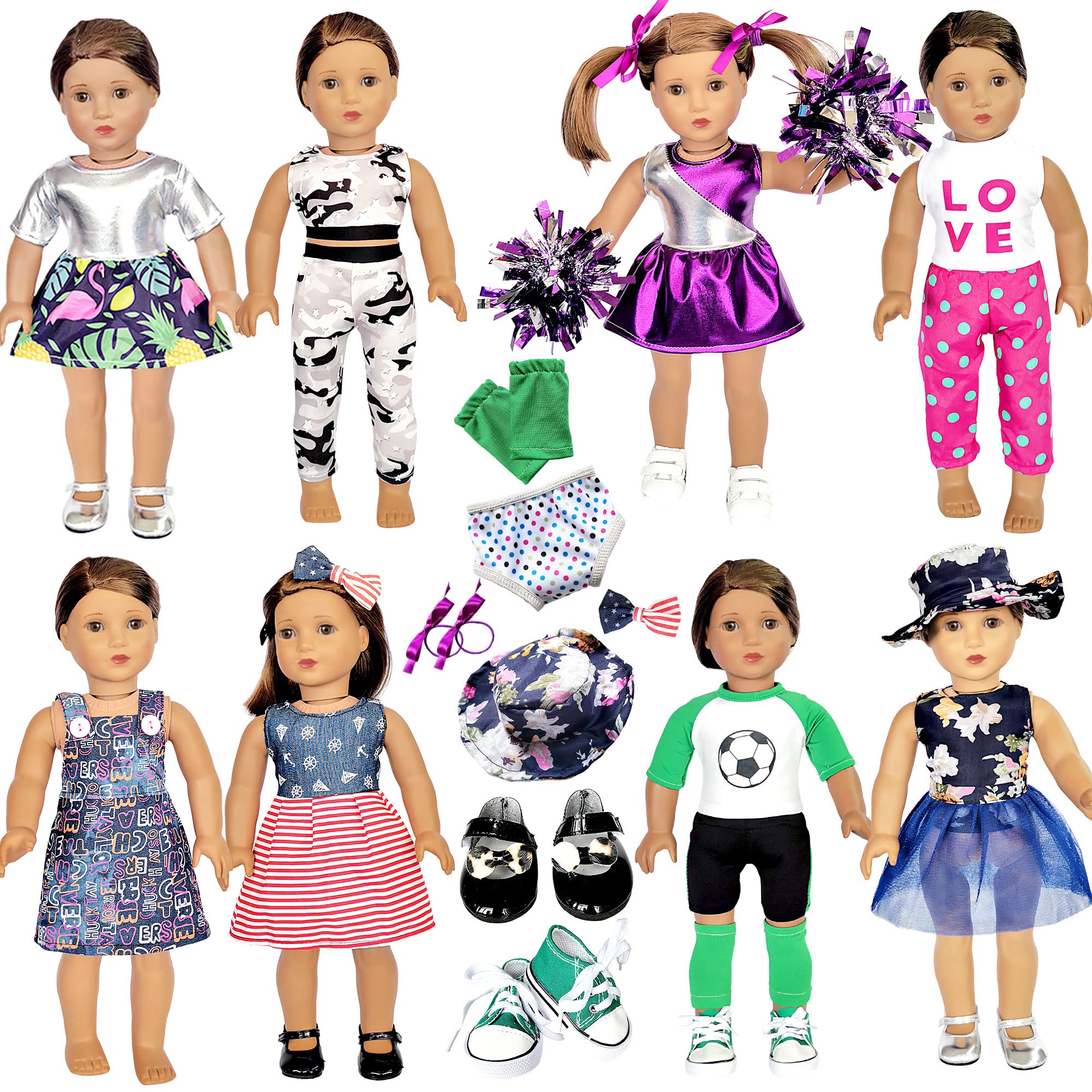 Srua Don 18 Inch American Doll Clothes and Accessories - 18" Doll Clothes Outfits Including 8 Complete Set Toys Doll Dress and 2 Pairs Shoes, 20 Pcs/Set Doll Accessories with Cap, Underwear, Hair Clip