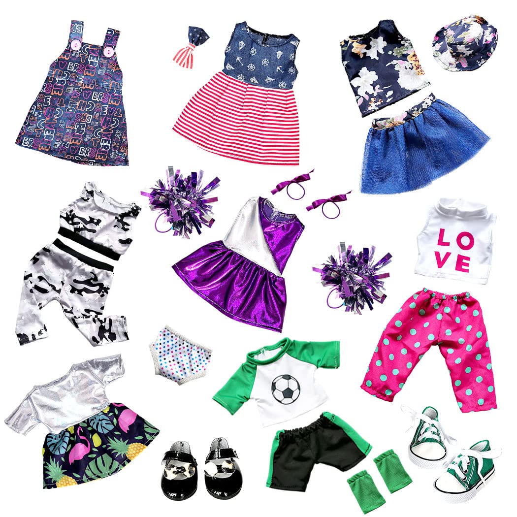 Srua Don 18 Inch American Doll Clothes and Accessories - 18" Doll Clothes Outfits Including 8 Complete Set Toys Doll Dress and 2 Pairs Shoes, 20 Pcs/Set Doll Accessories with Cap, Underwear, Hair Clip