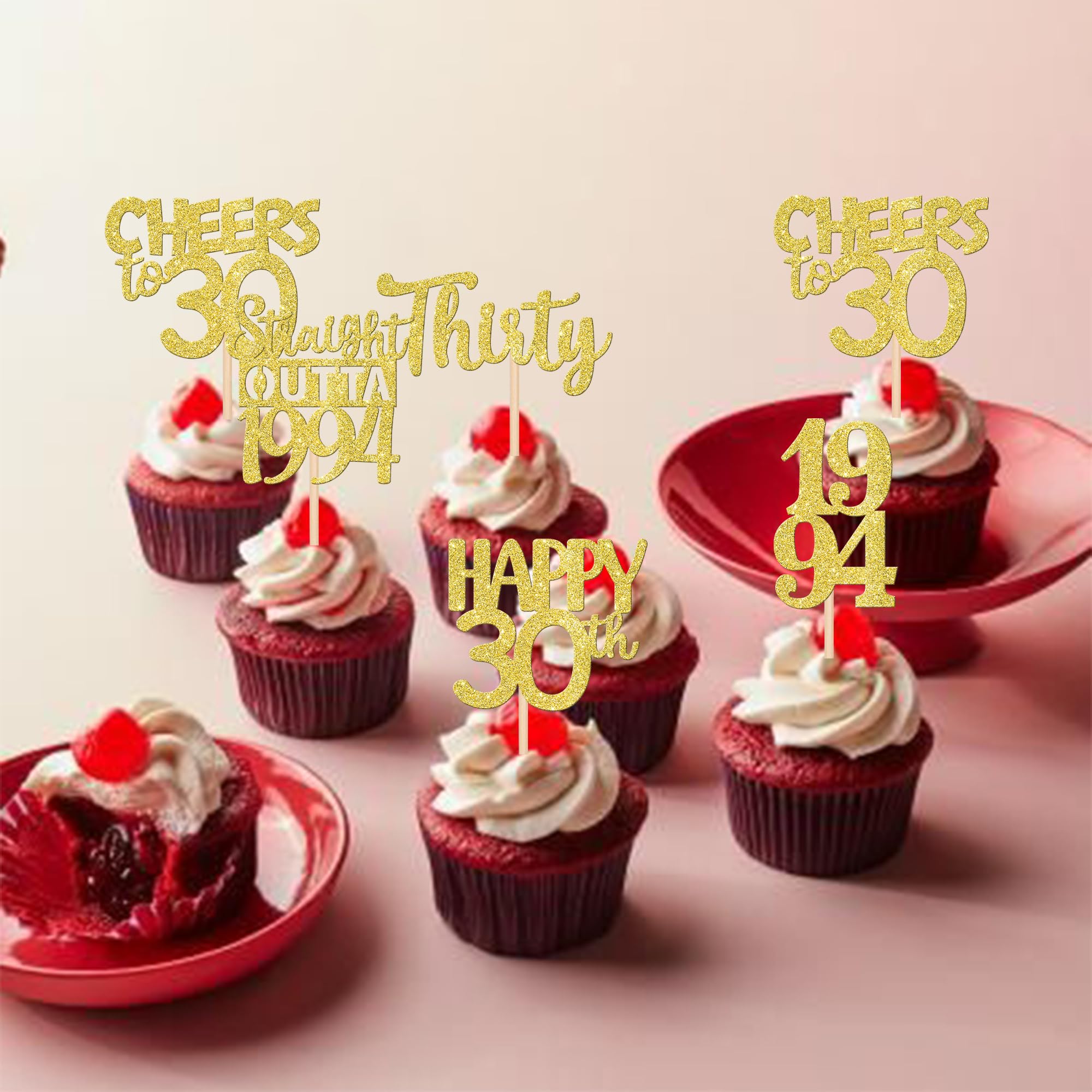 30PCS Straight Outta 1994 Cupcake Toppers Gold Glitter Thirty Happy 30th Birthday Cupcake Picks Cheers to 30 Years Cake Decorations for 30th Birthday Anniversary Party Decoration Supplies