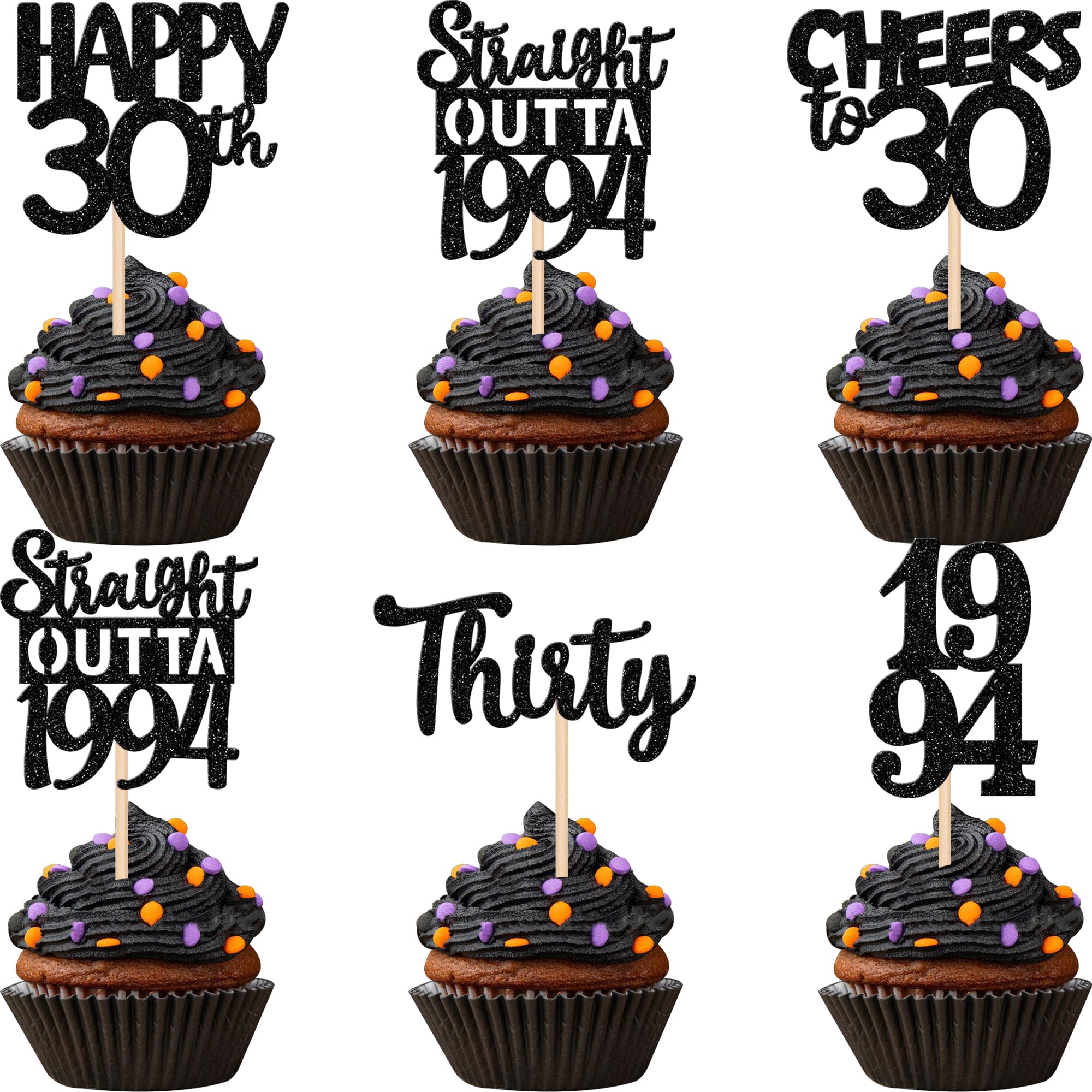 30PCS Black 30th Birthday Cupcake Toppers Glitter Thirty Happy 30th Straight Outta 1994 Cupcake Picks for Cheers to 30 Years 30th Birthday Wedding Anniversary Party Decoration Supplies