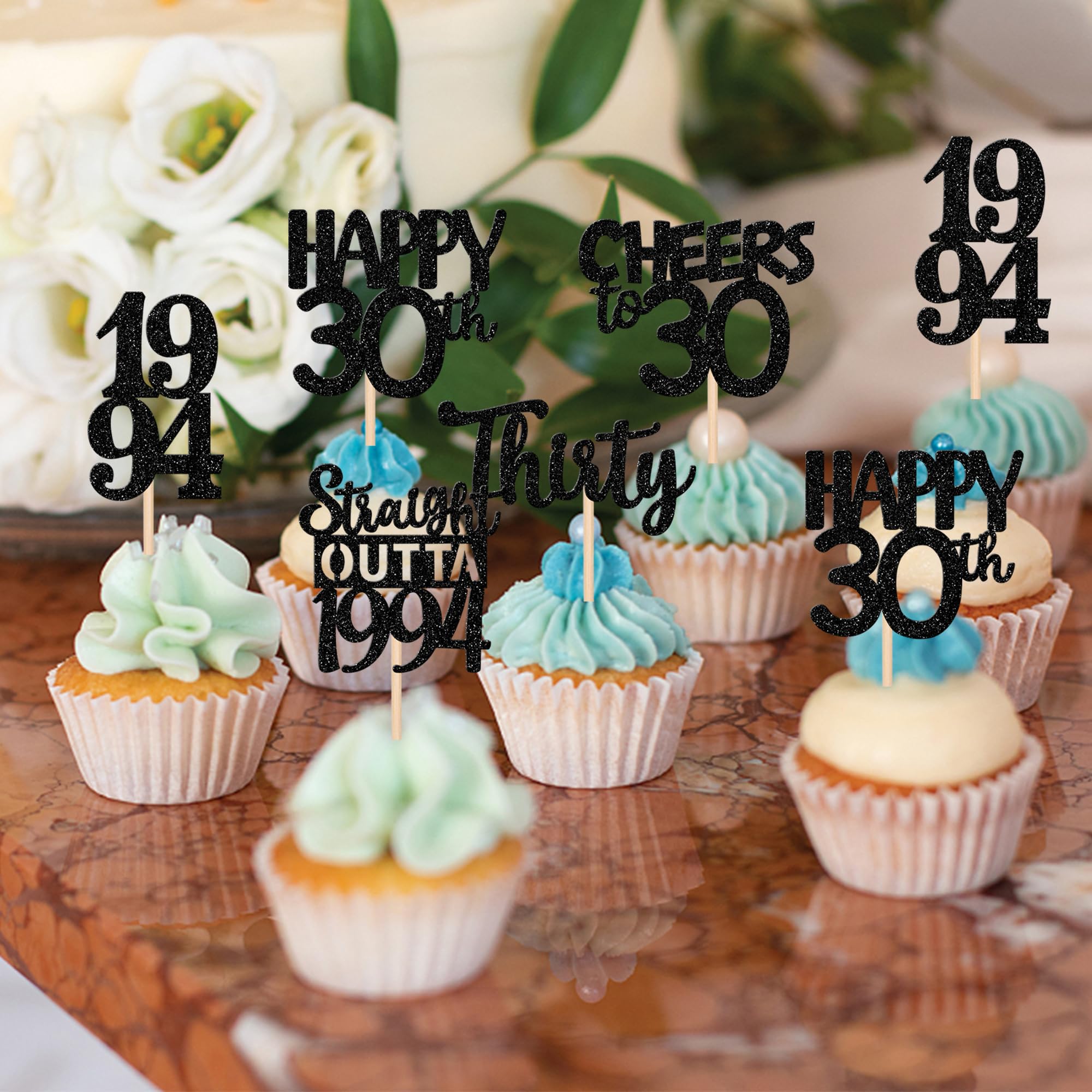 30PCS Black 30th Birthday Cupcake Toppers Glitter Thirty Happy 30th Straight Outta 1994 Cupcake Picks for Cheers to 30 Years 30th Birthday Wedding Anniversary Party Decoration Supplies