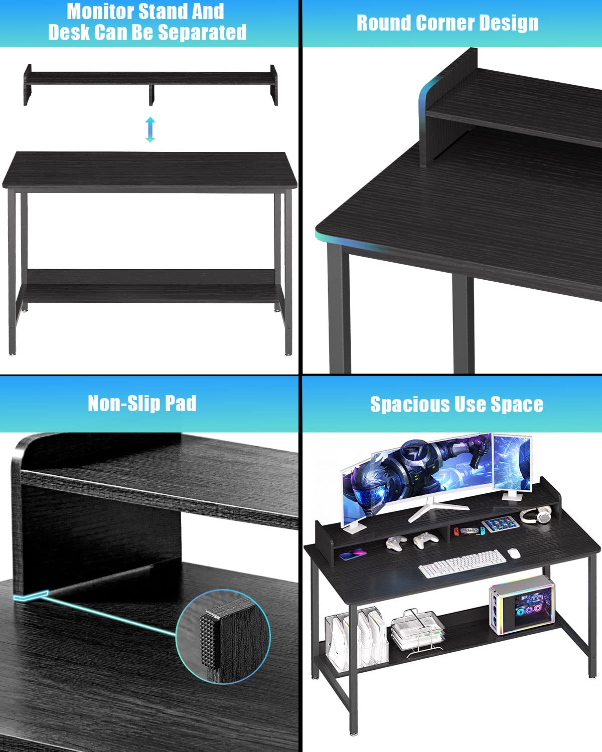 WOODYNLUX Computer Desk with Shelves, 43 Inch Gaming Writing Desk, Study PC Table Workstation with Storage for Home Office, Living Room, Bedroom, Metal Frame, Black.