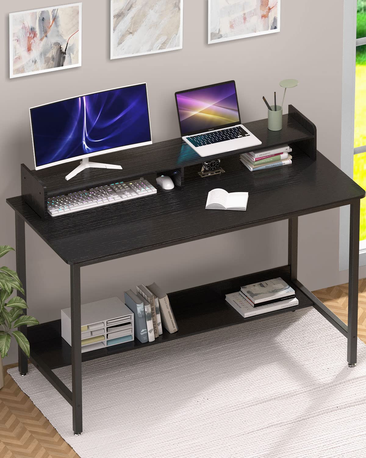 WOODYNLUX Computer Desk with Shelves, 43 Inch Gaming Writing Desk, Study PC Table Workstation with Storage for Home Office, Living Room, Bedroom, Metal Frame, Black.