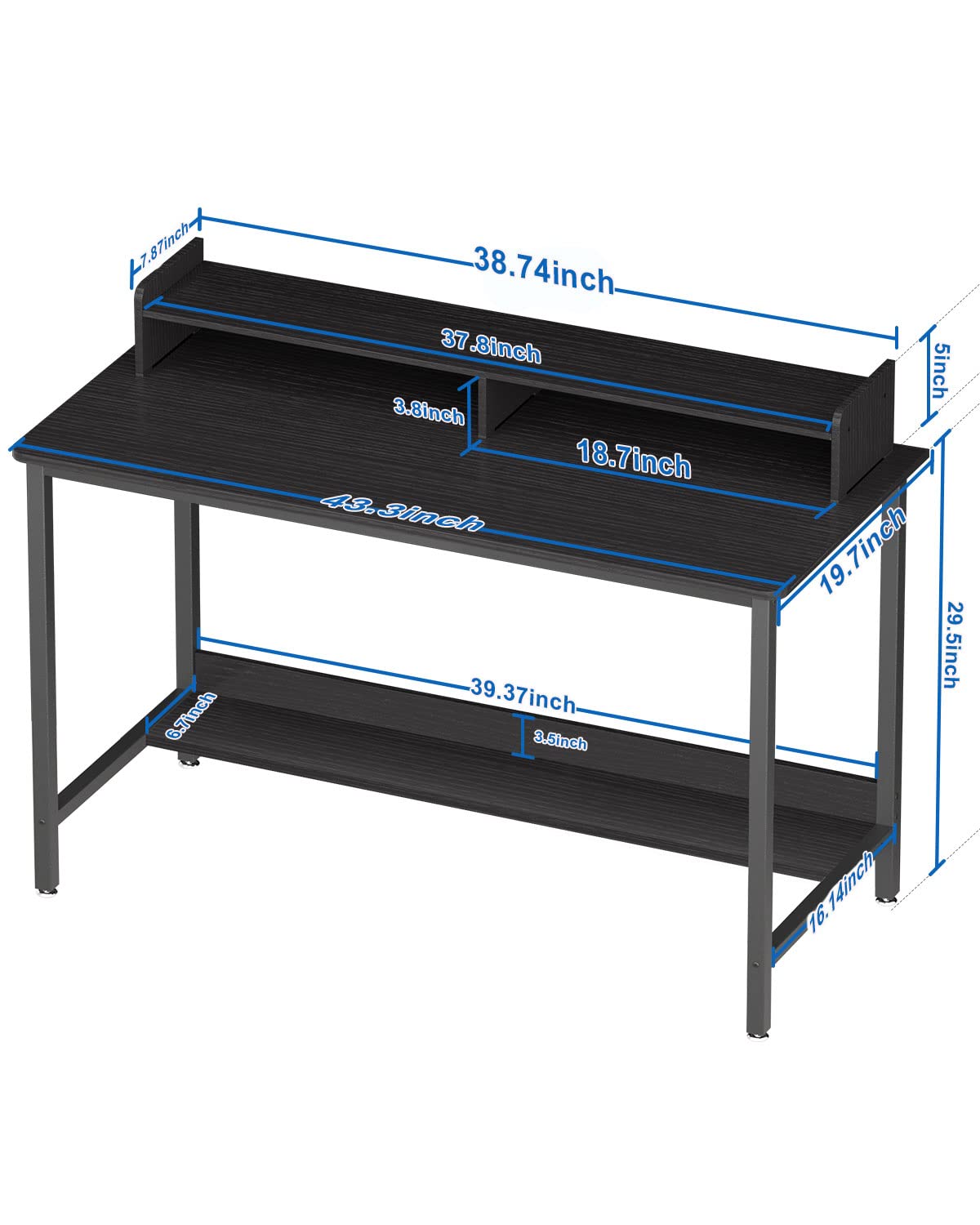 WOODYNLUX Computer Desk with Shelves, 43 Inch Gaming Writing Desk, Study PC Table Workstation with Storage for Home Office, Living Room, Bedroom, Metal Frame, Black.