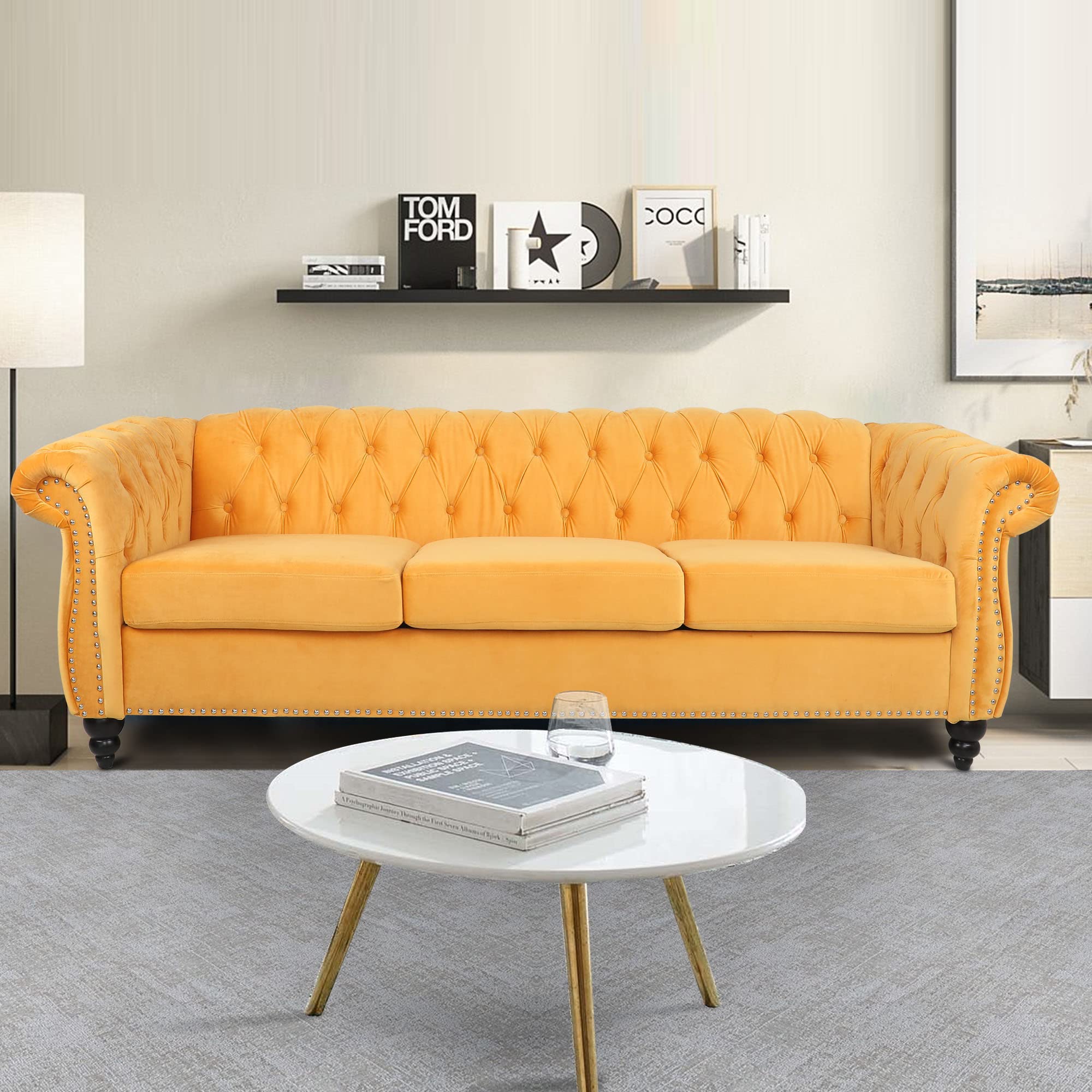 AVZEAR 3 seat Sofa, Velvet Sofa Living Room Sofa Large Sofa Modern Chesterfield Fabric Modern 3 Seater Couch Furniture Classic Tufted Chesterfield Settee Sofa, Yellow