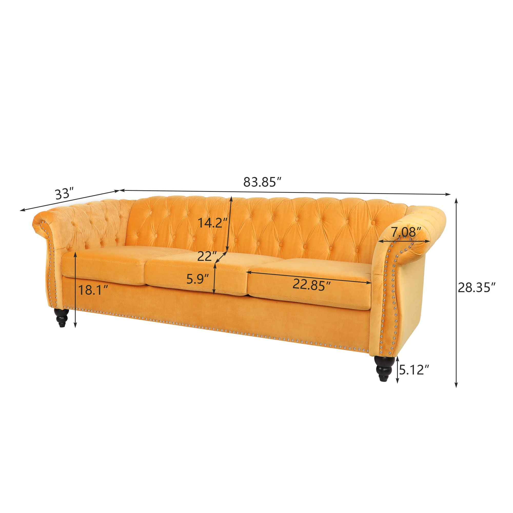 AVZEAR 3 seat Sofa, Velvet Sofa Living Room Sofa Large Sofa Modern Chesterfield Fabric Modern 3 Seater Couch Furniture Classic Tufted Chesterfield Settee Sofa, Yellow