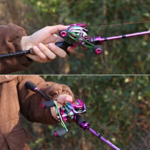 Sougayilang Fishing Rod and Reel Combo, Medium Heavy Fishing Pole with Baitcasting Reel Combo, 2-Piece Baitcaster Combo-Purple-5.9ft and Left Handle reel