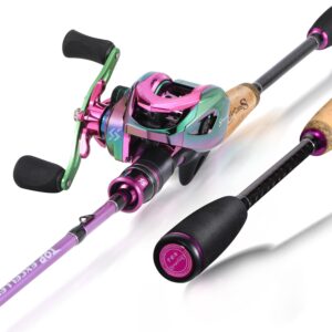 Sougayilang Fishing Rod and Reel Combo, Medium Heavy Fishing Pole with Baitcasting Reel Combo, 2-Piece Baitcaster Combo-Purple-5.9ft and Left Handle reel