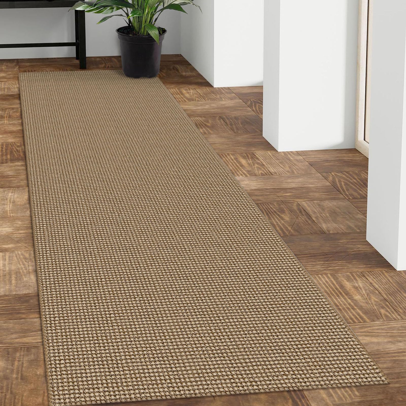 IOHOUZE Washable Runner Rug 2'x8' Rubber Backing Hallway Runner Entryway Runner Indoor, Kitchen Rugs Woven Cotton Floor Carpet for Kitchen Hall Entrance Bedroom, Natural/Brown