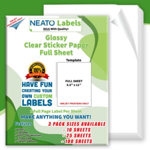 clear transparent sticker paper (8.5” x 11”) - 100 sheet pack - glossy full sheet vinyl labels for inkjet printers - tear-resistant, strong adhesive, weather resistant - diy & craft projects labels