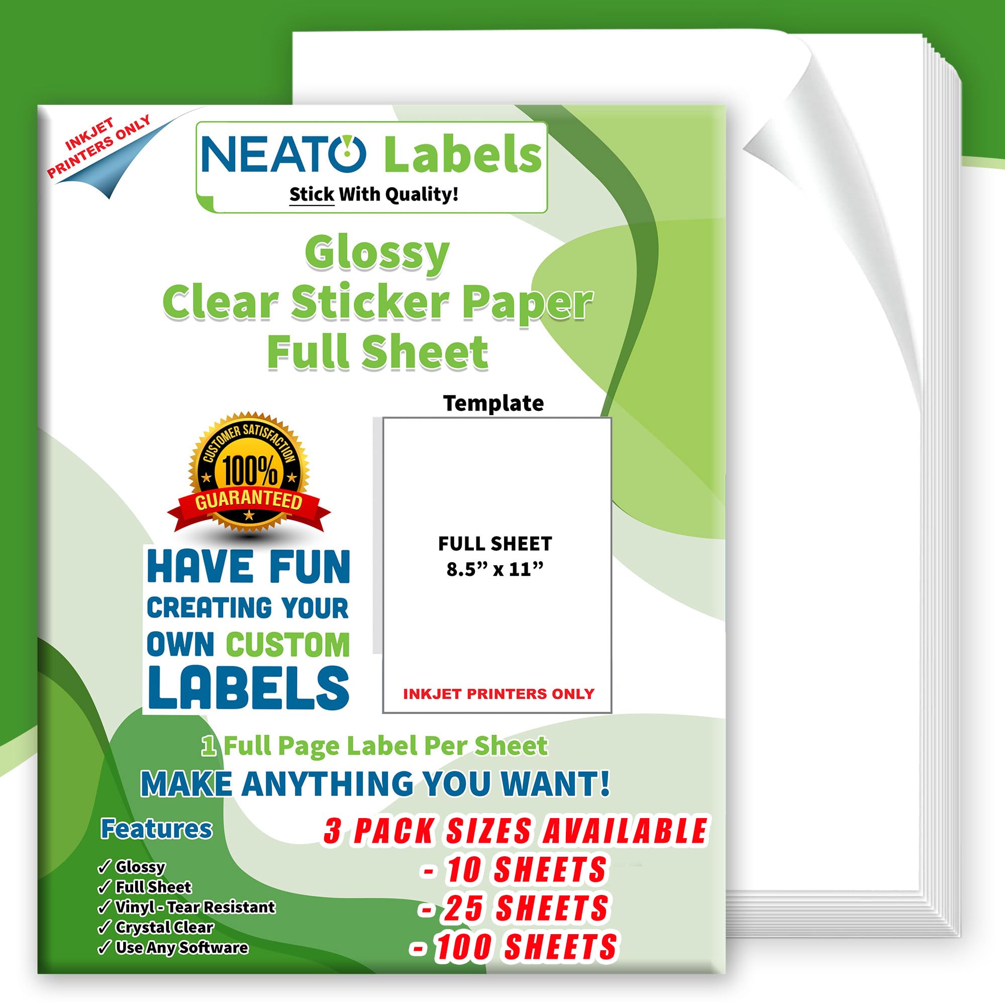 Clear Transparent Sticker Paper (8.5” x 11”) - 100 Sheet Pack - Glossy Full Sheet Vinyl Labels for Inkjet Printers - Tear-Resistant, Strong Adhesive, Weather Resistant - DIY & Craft Projects Labels