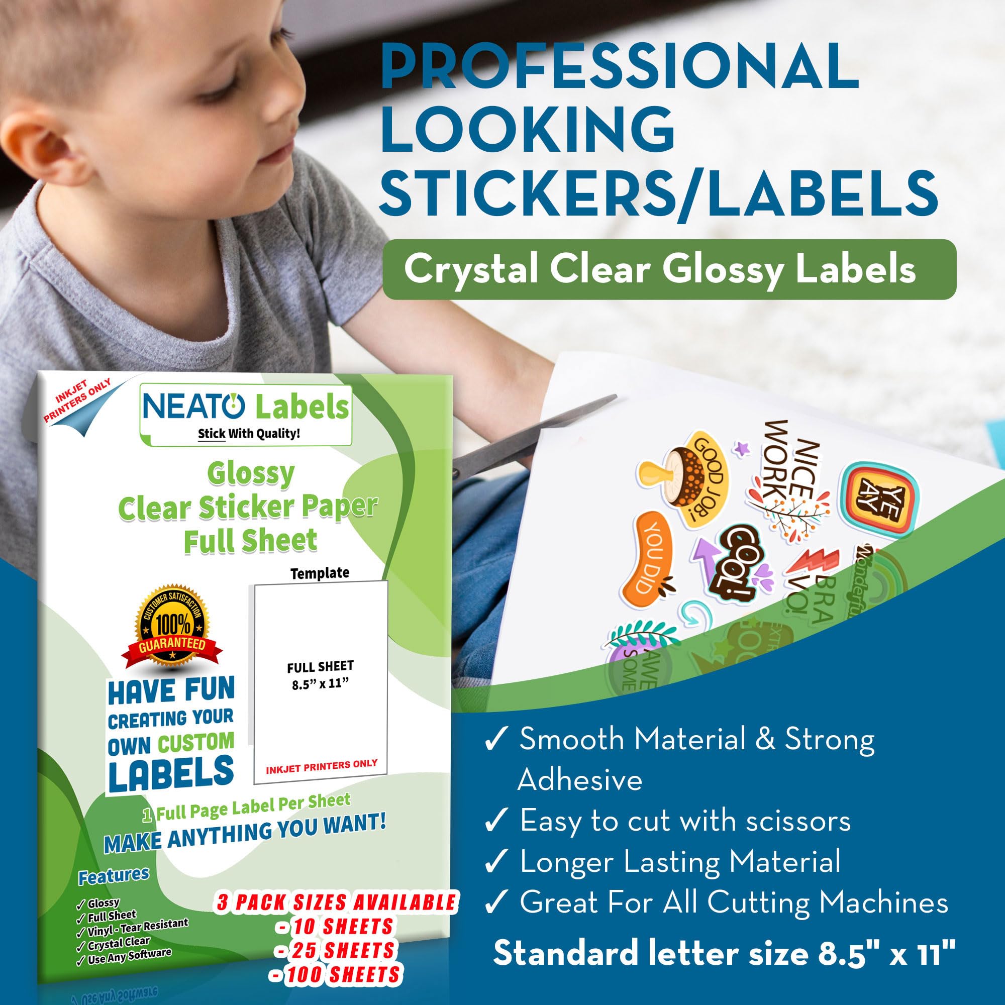 Clear Transparent Sticker Paper (8.5” x 11”) - 100 Sheet Pack - Glossy Full Sheet Vinyl Labels for Inkjet Printers - Tear-Resistant, Strong Adhesive, Weather Resistant - DIY & Craft Projects Labels