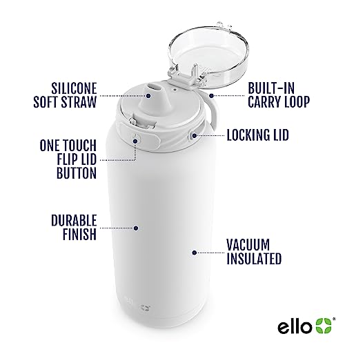 Ello Cooper 32oz Stainless Steel Water Bottle with Straw and Carry Handle, Double Walled and Vacuum Insulated Metal, Leak Proof Locking Lid with Soft Silicone Spout, Reusable, BPA Free, White