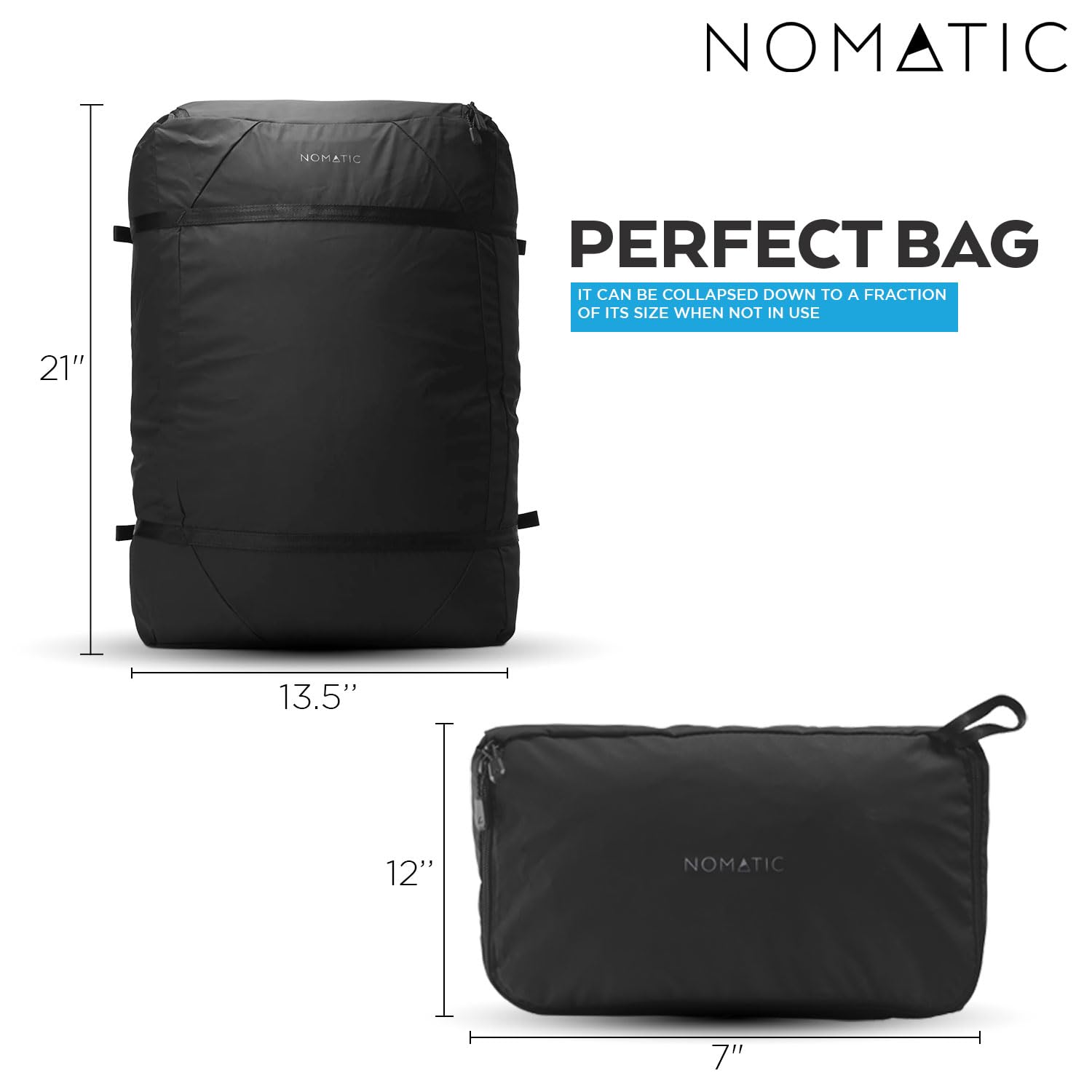 NOMATIC Navigator Collapsible Duffle Bag - 42L Travel Backpack for Men and Women - Weekender Bag - Black Backpack