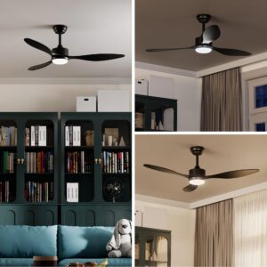 OUATER Modern Ceiling Fan with Lights, 52 inch, 6 Speed, DC Motor, Black, for Bedroom/Outdoor/Farmhouse/Patios