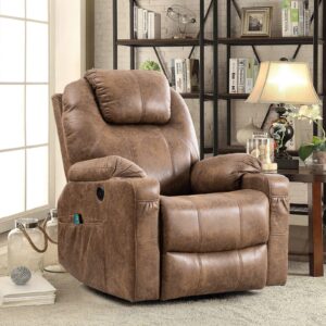 ouinch manual 360 degree swivel glider rocker recliner chair with massage and heat, 2 usb ports, 2 front pockets, 2 side pockets and 2 cup holders, bronze suede fabric (brown)