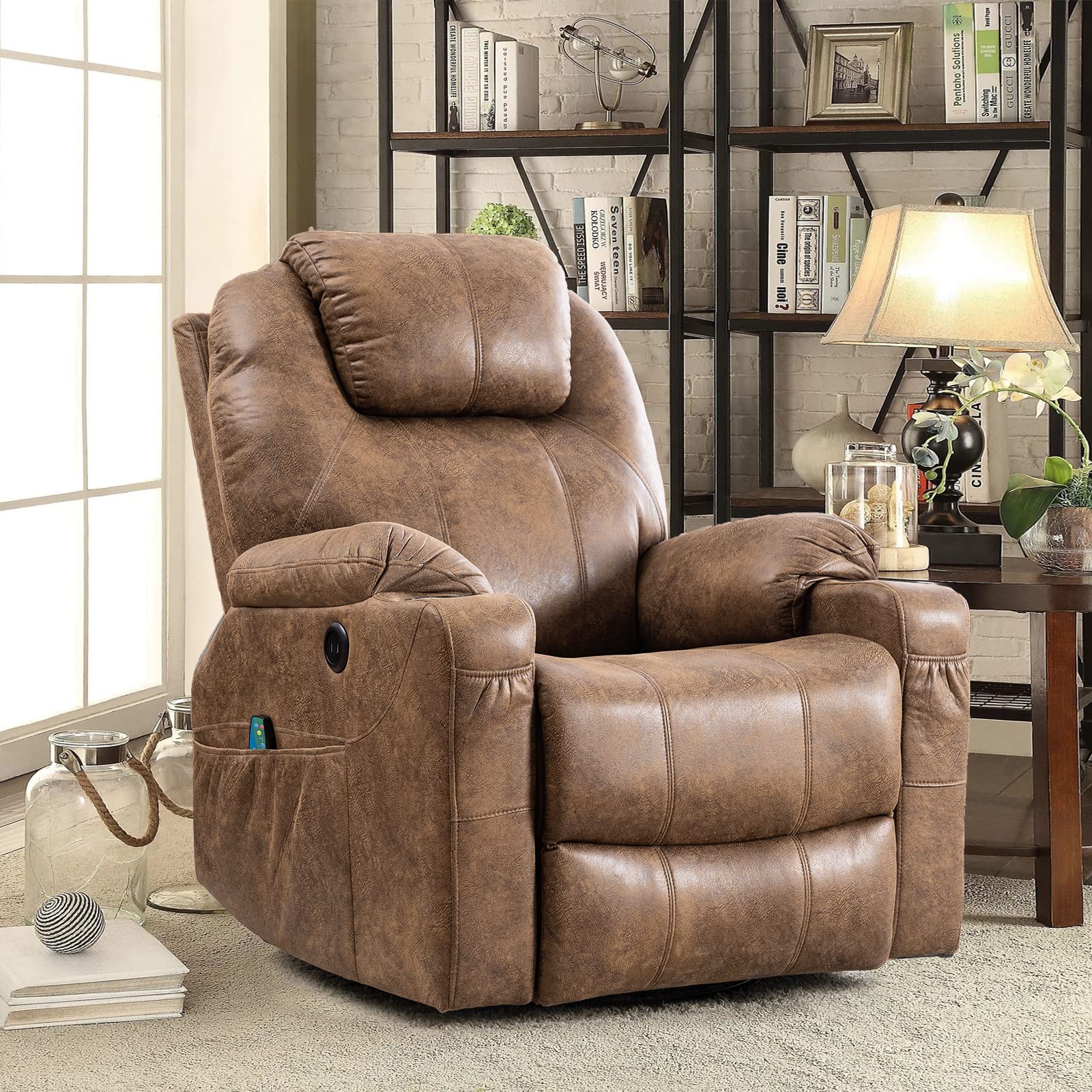 OUINCH Manual 360 Degree Swivel Glider Rocker Recliner Chair with Massage and Heat, 2 USB Ports, 2 Front Pockets, 2 Side Pockets and 2 Cup Holders, Bronze Suede Fabric (Brown)