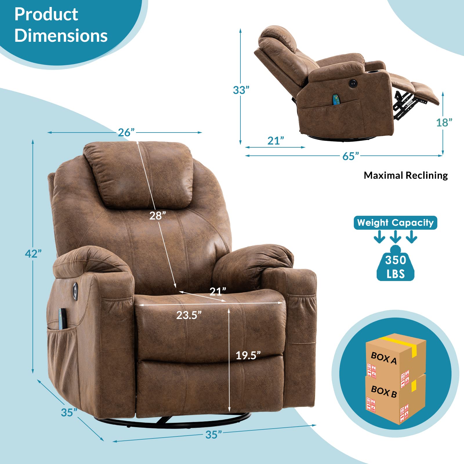 OUINCH Manual 360 Degree Swivel Glider Rocker Recliner Chair with Massage and Heat, 2 USB Ports, 2 Front Pockets, 2 Side Pockets and 2 Cup Holders, Bronze Suede Fabric (Brown)