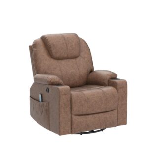 OUINCH Manual 360 Degree Swivel Glider Rocker Recliner Chair with Massage and Heat, 2 USB Ports, 2 Front Pockets, 2 Side Pockets and 2 Cup Holders, Bronze Suede Fabric (Brown)