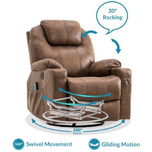 OUINCH Manual 360 Degree Swivel Glider Rocker Recliner Chair with Massage and Heat, 2 USB Ports, 2 Front Pockets, 2 Side Pockets and 2 Cup Holders, Bronze Suede Fabric (Brown)